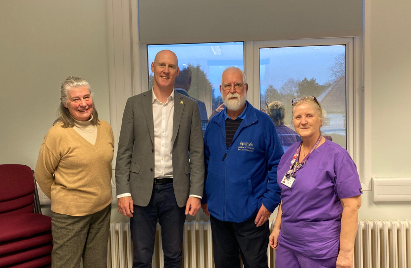 Picture 1- (left to right) Bridget Hollingsworth from Friends of Bexhill Hospital, Dr Kieran Mullan MP, John Dowling from Friends of Bexhill Hospital, and Lesley, Clinical Site Manager at Bexhill Hospital