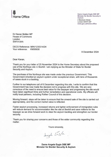 Photo of letter from Dame Angela Eagle