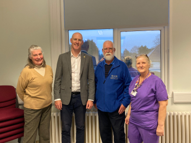 Picture 1- (left to right) Bridget Hollingsworth from Friends of Bexhill Hospital, Dr Kieran Mullan MP, John Dowling from Friends of Bexhill Hospital, and Lesley, Clinical Site Manager at Bexhill Hospital